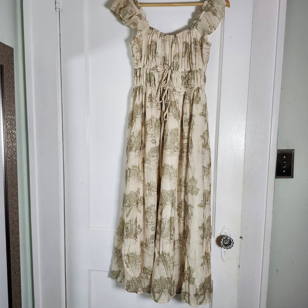 En Saison Romantic Cream and Green Toile Smocked Bodice Midi Dress Size Small